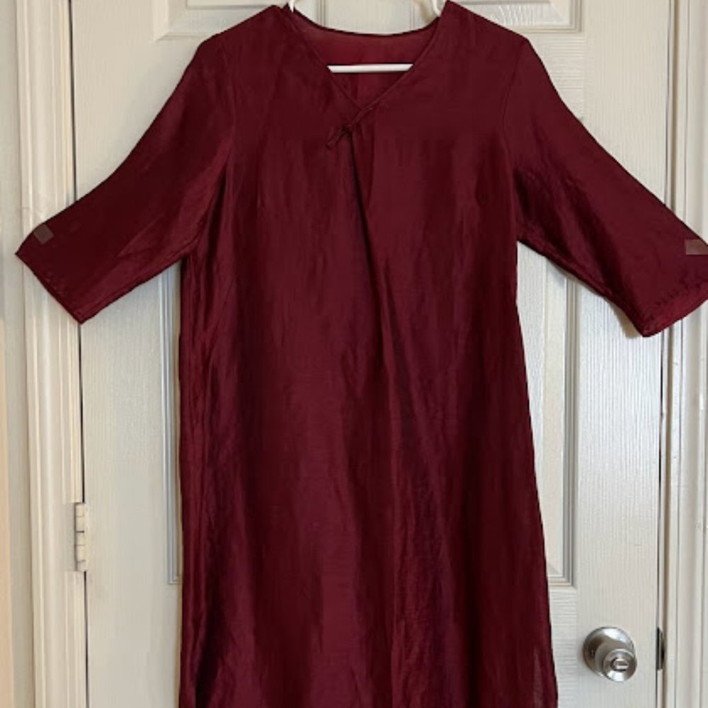 Women 80% linen 20% silk burgundy / dark red 3/4 length sleeve long / maxi dress